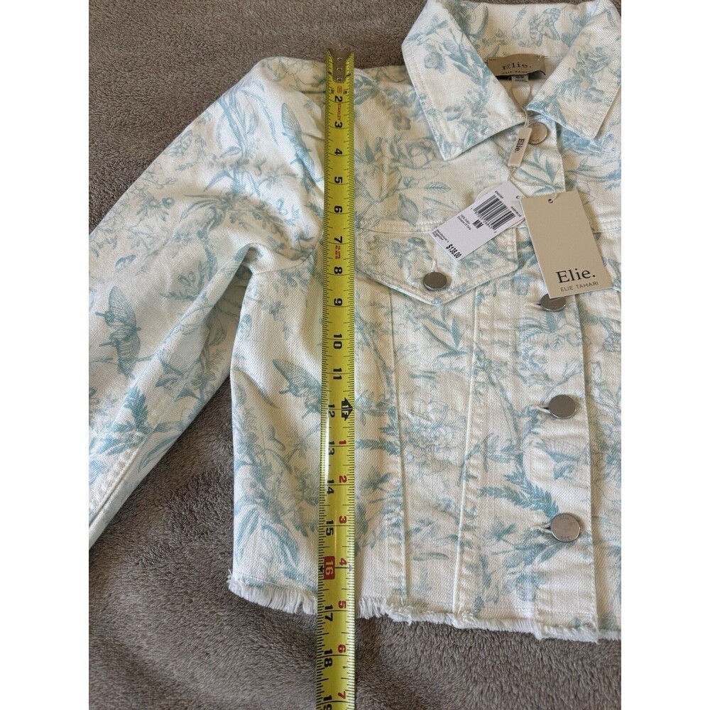 ELIE TAHARI Floral Denim Jacket Cropped Raw Hem White Blue Size M Cotton - Picture 12 of 16
